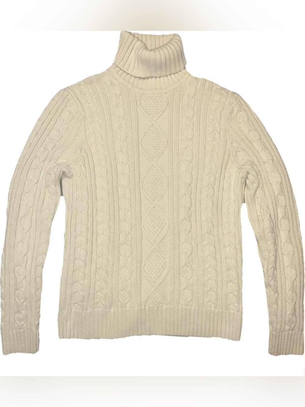 Pria Women’s Cable Knit Turtleneck Sweater Cream Size L Chunky Cotton